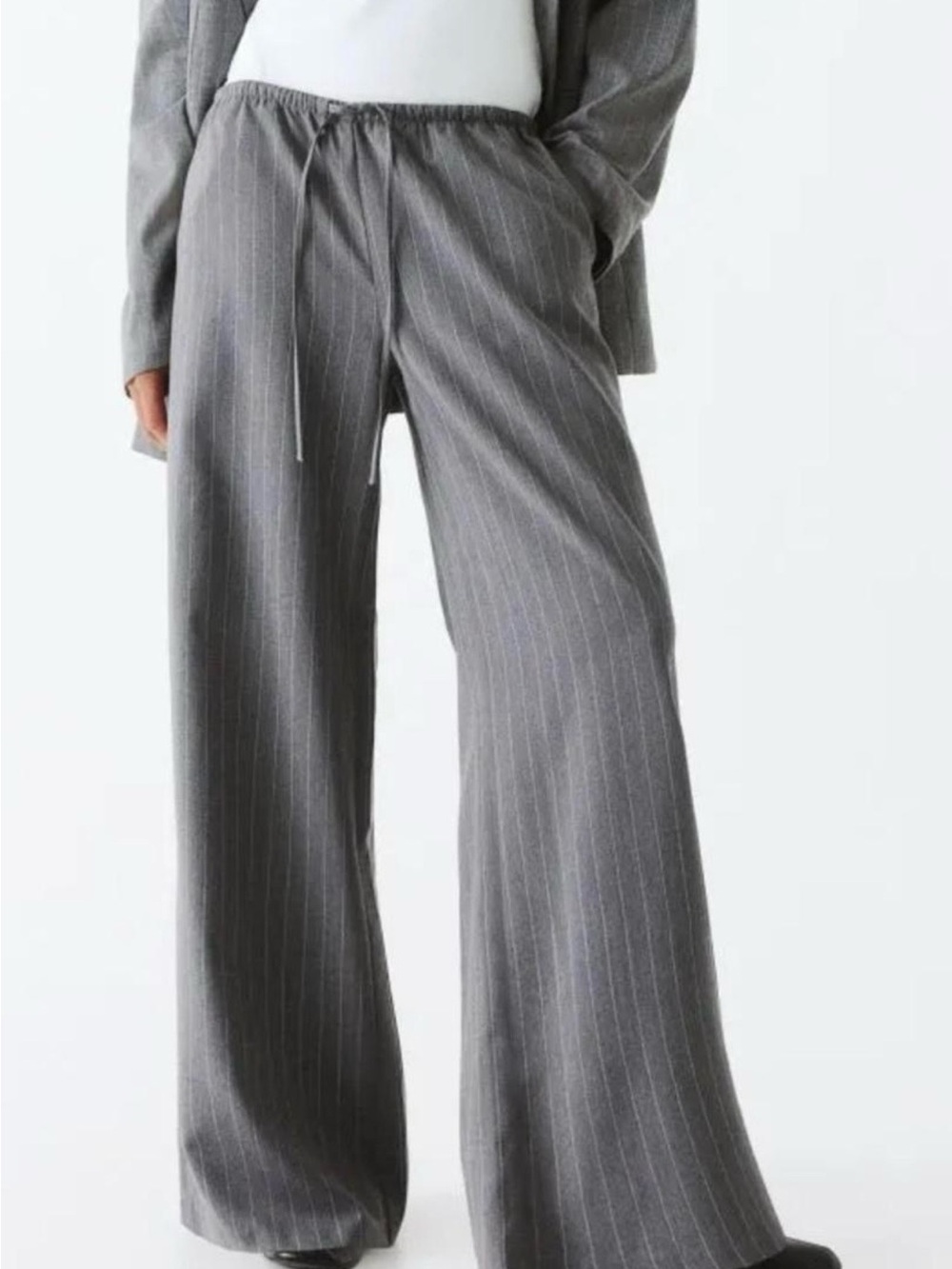 H&M Gray Pinstripe Wide-Leg Drawstring Pants